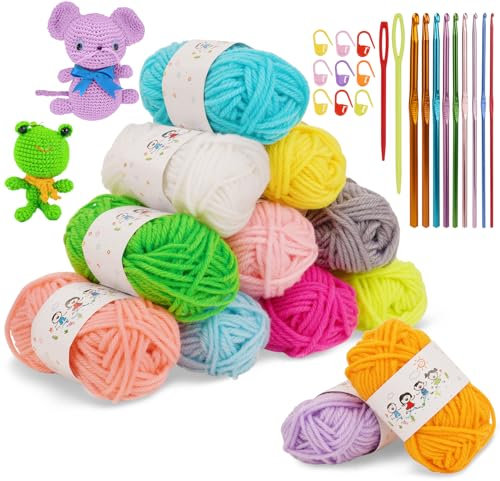 AUAUY 12 Farben Wolle zum Häkeln Stricken, Acrylwolle Set Häkelgarn Baumwolle, 10g/Rollen Häkelgarn mit Häkelnadeln Knöpfen, Baumwollgarn für Anfänger Crochet Yarn für Häkeln Stricken und Handwerk