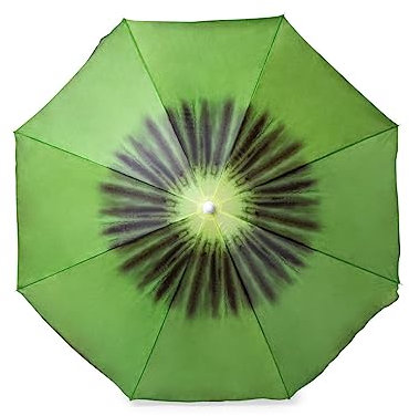 Parasol de plage coloré avec motifs fruitiers, avec 8 panneaux en nylon résistant et jupes latérales passepoilées. Plage, été, chaleur, parasol, soleil, protection,, Kiwi