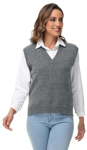MODFUL Women Knitted Vest Sleeveless V-Neck Sweater Chunky Classic Jumper Pullover (Dark Grey, L)