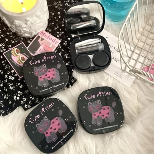 Dusarls 1 Pcs Contact Lens Case, Cute Cat Pattern Travel Eyeglass Case With Mirror, Portable Contact Lens Container Box for Travel Home Kit