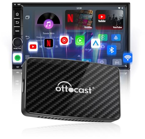 Ottocast Play2Video Pro, trådlös CarPlay- och Android Auto-adapter för bilar med fabriksmonterad trådbunden CarPlay, 2-i-1 AI-multimediabox förinstallerad med Netflix, YouTube, Prime Video