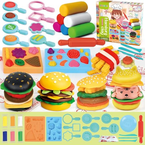 Qintora Set de Pâte à Modeler pour Enfants, 21 Pièces Accessoires et Outils de Modélisme, Machine à Burger,6 Pots de Pâte à Partir de 3 Ans, Cuisine Créative pour Faire des Hamburgers