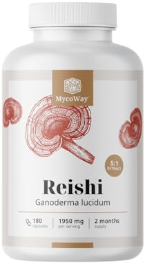 MycoWay Reishi 1950 mg – Starker 5:1-Extrakt – 180 Kapseln – 9750 mg Reishi-Extrakt – Immunsystem & Kreislauf – 60–90 Portionen – Hohe Bioverfügbarkeit