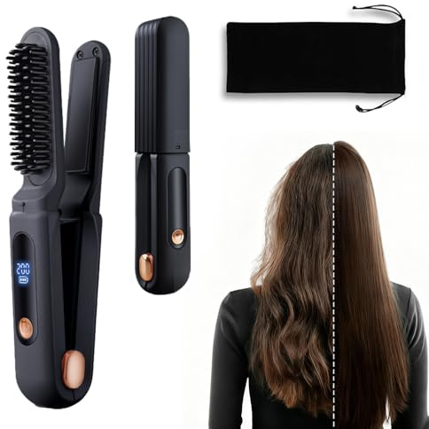 RNPKZ Glättbürste Kabellos, 230 mm Kabelloser Lockenstab, Kabellose Glättbürste mit LED Anzeige, 3 in 1 Wiederaufladbare Haarglätter Bürste mit 3 Einstellbare Temperatur für Alle Haartypen (Schwarz)