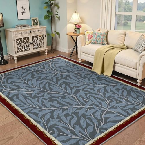 BYLEEHOMED Tappeti botanici lavabili 100x150cm morbidi grandi rami di salice boho antiscivolo ultra sottile tappeto da pavimento blu scuro per sala da pranzo ufficio