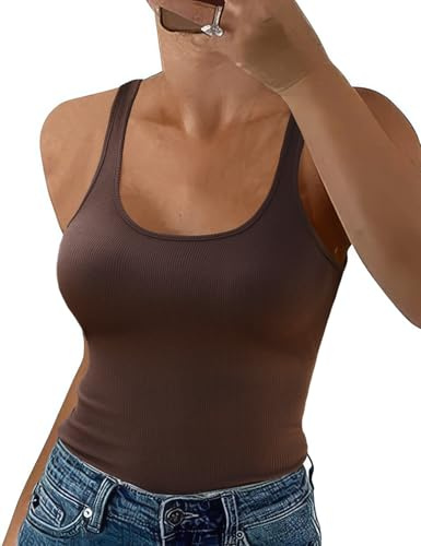 Niwicee Camiseta Tirantes Mujer Sin Mangas Verano Camisetas Sexy Tank Tops Cuello en U Camisetas Interior Corte Ajustado De Punto Elástico Crop Top Básicas Sólido Informales Camiseta (Marrón, M)