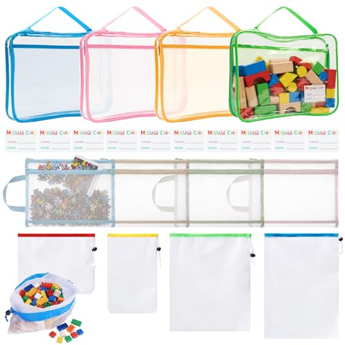 12 Pcs Toy Storage (Larger than others Organization Mesh Bags with Drawstring, PVC Waterproof Organizer Bags, Clear Zipper Toy Storage Bags with Handles,Name Tag 10 Memo Cards) for Grocery