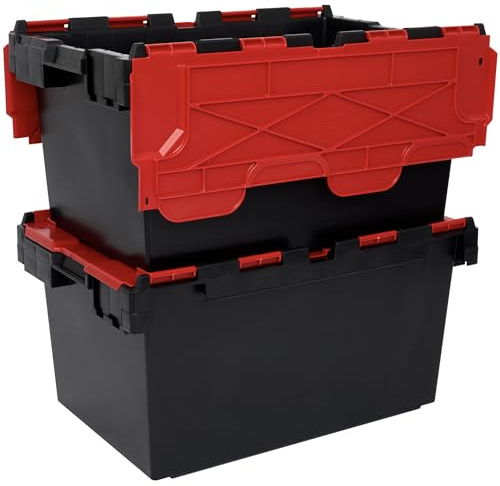 Plastor 2 x Large Plastic 80 Litre Heavy Duty Storage Boxes (71 x 46 x 36.8cm) Black and Red LC3 Crates with Attached Hinged Lids