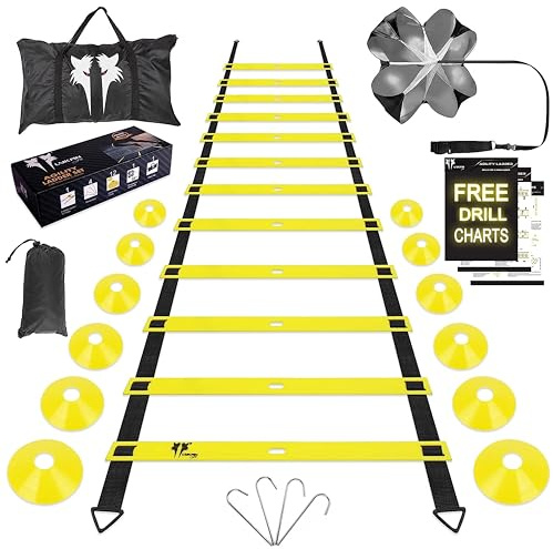 LYKAN FIT 20ft Sports Agility Ladder for Men Women and Kids, Speed Youth Soccer Agility Training Equipment for Football, Exercise, Tennis, Legs Workout with Speed Parachute and Carry Bag