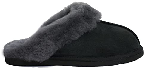 Reissner Lammfelle Zapatillas de estar por casa con diseño de ángel Nadine, pantuflas de ante | forro interior de auténtica piel de cordero de merino | con corona de pelo |, Negro , 36 EU