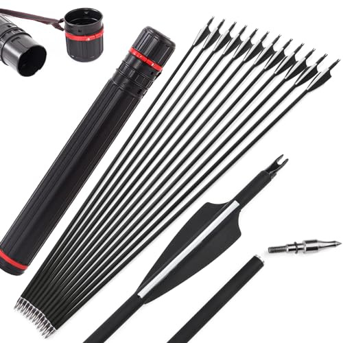 surwolf 30 Bågskytte Kolpilar 500 Spine Jaktpilar,Övningspilar, med 100 korn avtagbara tips för Archery Compound & Recurve båge (svart pilar+koger, 12)
