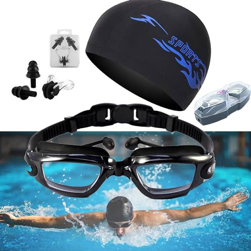 XUBX Unisex Schwimmbrille und Badekappen mit Nasenclip, Ohrstöpsel, Anti-Beschlag, UV-Schutz, wasserdicht, Taucherbrille Erwachsene für Herren Damen