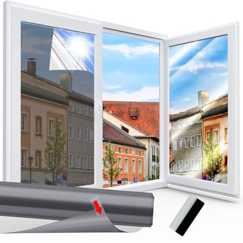 Spiegelfolie Fenster Sichtschutz Selbstklebend Fensterfolie Wärmeisolierung Reflektierende Dachfenster Folie Sonnenschutzfolie UV-Schutz Innen oder Außen für Haus Geschäfte Büro