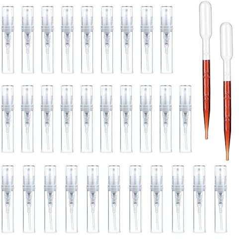 LUCKNIGHT Transparent Fine Mist Sprayer Bottles, Plastic Perfume Atomizers Refillable, Travel Cosmetic Sample Bottle Container, Hydrating Empty Bottle (3ML 30PCS)