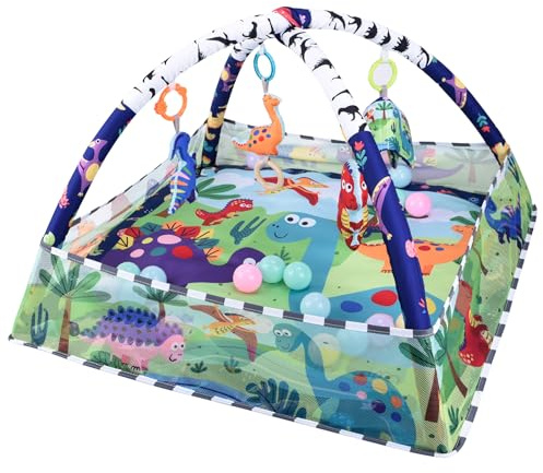 Bebamour Baby Play Gym & Activity Mat with 5 Sensory Hanging Toys, 18 Colourful Balls, Soft Washable Playmat, Foldable Baby Floor Gym for Newborn, Infants & Toddlers 0-24 Months (Green)