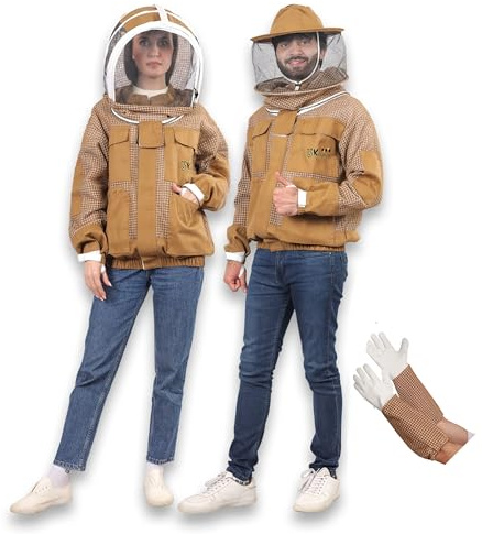 USKEEPERS 3 Layer Ventilated Bee Jacket for Men & Women, Premium Beekeeping Jacket with Gloves & Two Beekeeper Veils. (Brown J/XL)