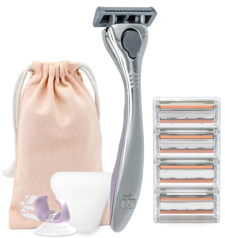 FFS Beauty Starter Shaving Set for Women - Premium Metal Razor Handle, Shower Holder, Travel Pouch, 4 SmoothGlide 6-Blade Cartridges with Vitamin E Lubrication Strip (Blossom)
