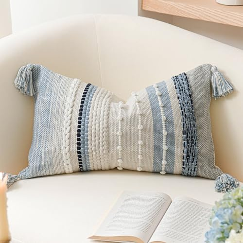BlissBlush Decorative Lumbar Throw Pillow Cover 14x24 Boho Coastal Blue Accent Cushion for Couch Sofa Farmhouse Pillowcase for Bedroom Living Room Home Décor Cover ONLY