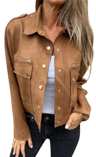 Yutila Veste de mi-saison, effet cuir, pour femme, automne, printemps, veste à manches longues, en cuir, Chocolat, M