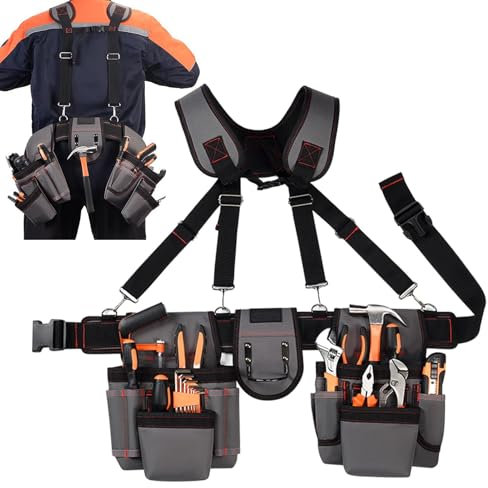 Cinturón de herramientas con tirantes,Cinturón de herramientas con tirantes y bolsas - Organizador de herramientas para cinturón de trabajo,Organizador de herramientas portátil para cinturón de trabaj