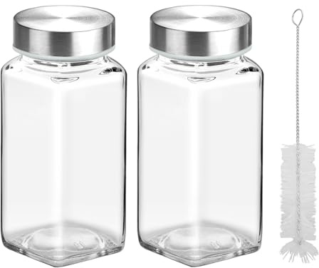 eispap 2Pcs 4oz Glass Spice Jars with Shaker Lids, Spice Jars Trial Set & Supplement Set, Empty Spice Containers and Square Spice Bottles for Kitchen (304 Stainless steel Lids)