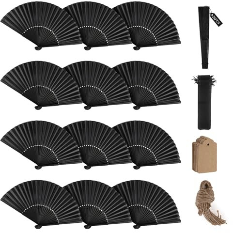 SWAWIS 28 Piezas Abanicos de Tela Negro, Abanico Plegable con 30 Bolsas de Organza y Tarjetas de Agradecimiento, Ventiladores de Bambú para Bodas Bautizos Decoraciones Fiestas DIY