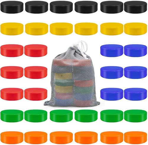 OJMHD 36 Pcs Ice Hockey Pucks, 3 inch Foam Hockey Pucks with Mesh Bag, Soft Sport Training Balls for Kids & Adults Indoor Practicing, Training Equipment Hockey Gifts, 6 Colours