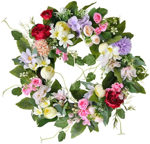 Corona per porta di primavera, 50 cm, per porta di casa, decorazione primaverile, corona di fiori con peonia, rosa, multicolore, decorazione primaverile, decorazione per porta, parete, matrimonio,