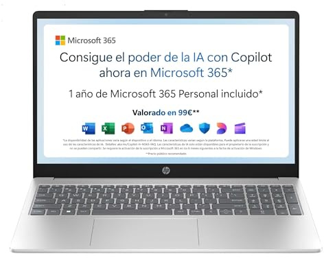 HP 15-fd0261ns - Ordenador portátil de 15.6 FHD (Intel N100, 4GB RAM, 128GB UFS, Intel UHD, Windows 11) Plata - Teclado QWERTY Español - Incluye Microsoft 365 Personal 12 Meses