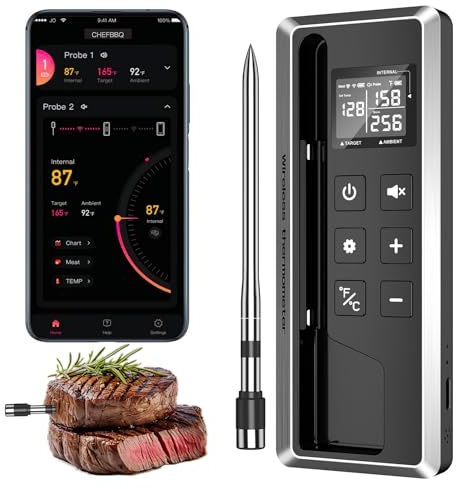 Wireless Meat Thermometer with Smart Timer & APP Control, 800ft Bluetooth Grill Food Thermometer - 0.19In-Ultra Thin Probe, ±0.5℉ Accuracy, Digital Backlit Screen for BBQ, Oven, Smoker, Kitchen