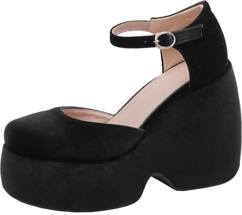 XIEPP Enfärgade Mary Jane-pumps för kvinnor, runt tåparti, knubbig häl och platå med spänne, svart, 39 EU