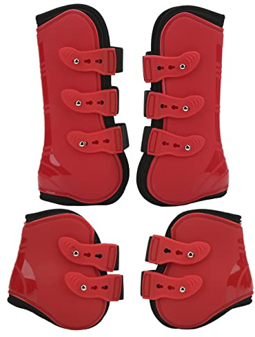 Oytrui Protector de Pata de Caballo, 4 Piezas de Neopreno PU Botas de Pata Trasera Delantera con Hebillas Ajustables para (Conjunto Delantero y Trasero Rojo. L)