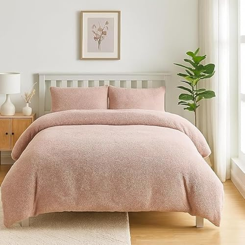 Single Duvet Cover Set with Pillowcase Teddy Fleece Blush Pink 135x200cm Soft Warm Bedding Set for Winter, Cozy Fluffy Fleece Duvet Cover and Pillow Case (Single (135x200cm)) (Single (135x200cm))