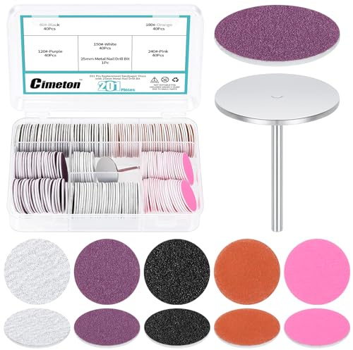 Cimeton 201PCS 80# 120# 150# 180# 240# Grits Replacement Sandpaper Disc with Metal Nail Drill Bit Kit Grit Round Pedicure Replacement Sanding Discs for Foot Files Remove (5 Sizes, 5 Colors)