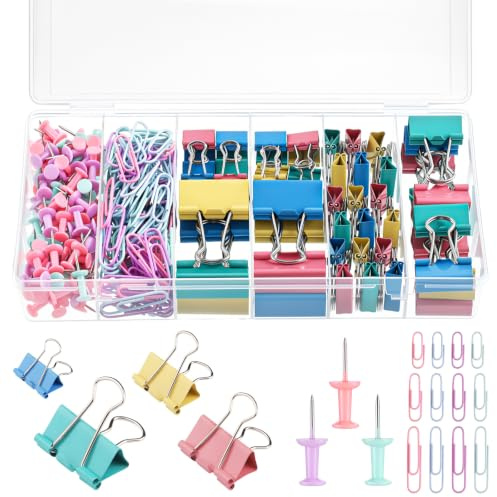 Yoosso 279 Pcs Paper Clips & Binder Clips Set with Storage Box | Assorted sizes and colours, durable metal clips and 110 push pins for office, school and home organisation