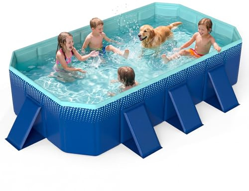 Goplus Foldable Non-Inflatable Swimming Pool, Portable Rectangle Around Ground Pool with 24 Hard Shell, Drain Hose, Outdoor Collapsible Kiddie Pool for Backyard Garden (Navy+Green,99x52 in)