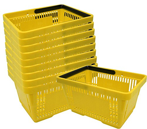 Pack de 10 Cestas de Compra de Plástico Amarillo – 22 L, Apilables, con Asa, Resistentes hasta 20 kg, para Tiendas y Supermercados