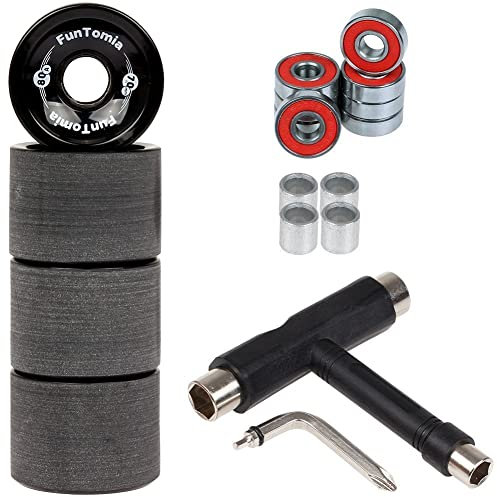 FunTomia 4 Stück Longboard/Skateboard Rollen (Big Wheels) in 70x51mm 80A oder 86A inkl. ABEC-9 Kugellager, Metall Spacer und T-Tool