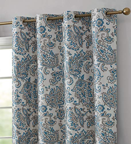 HLC.ME Amalfi Paisley 100% Blackout Room Darkening Thermal Lined Curtain Grommet Panels for Bedroom - Energy Efficient, Complete Darkness, Noise Reducing - Set of 2 (Blue, 52 W x 96 L)