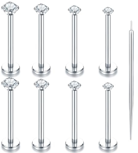Oveta 8PCS Threadless Tragus Earrings 16G Labret Jewelry CZ Lip Ring Studs Stainless Steel Cartilage Earrings for Women Monroe Medusa Piercing Jewelry 1/2'' Long Bar