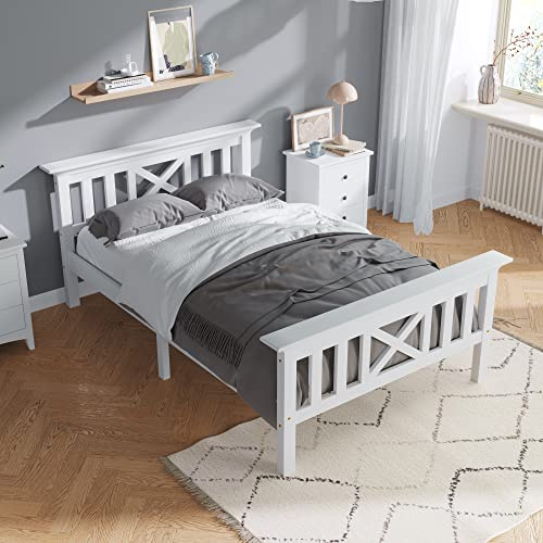 LERFAN Holzbett Einzelbett 90 x 200 cm mit Lattenrost, Klassisches Massivholz Bett mit Kopf- und Fußteil, Kieferholz Sicher und Stabil Geeignet als Gästezimmer, Ohne Matratze und Schubladen Weiß
