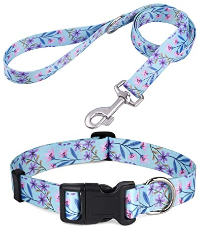 Mihqy Dog Collar and Leash Set, for Large Dogs, Pink Purple Floral Set,L | with Floral Patterns, Adjustable for Small Medium Large Dogs, Comfortable for Walks and Outdoor Hikes