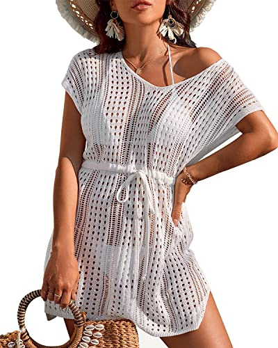 Rayson Copricostume Mare Donna Bikini Coprire a V Tunica Abito da Spiaggia Crochet Allentato Costumi da Bagno Cover Up Vestito(Bianco)