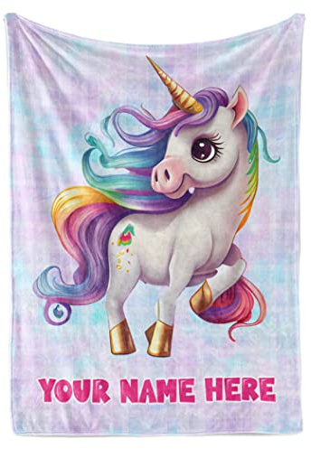 Personalized Baby Unicorn Throw Blanket for Girls with Custom Name, Prancing Pony with Rainbow Mane and Tail, Cute Nursery Room Decor, Soft Plush Toddler Bedding for Babies, (Fleece 30x40)