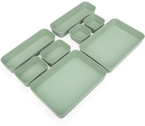 Belle Vous 8 Pezzi Set Cassettini Organizer Verdi - Organizer Cassetti di Plastica - Per Organizzare Cassetti in Bagno, Ufficio, Camera da Letto o Cucina - Separatori Cassetti per Trucco e Gioielli
