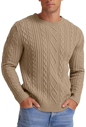 Hisir Men's Winter Cable Knit Jumpers Casual Crew Neck Thick Warm Long Sleeve Sweater Pullover Tops for Men UK (Khaki, L)