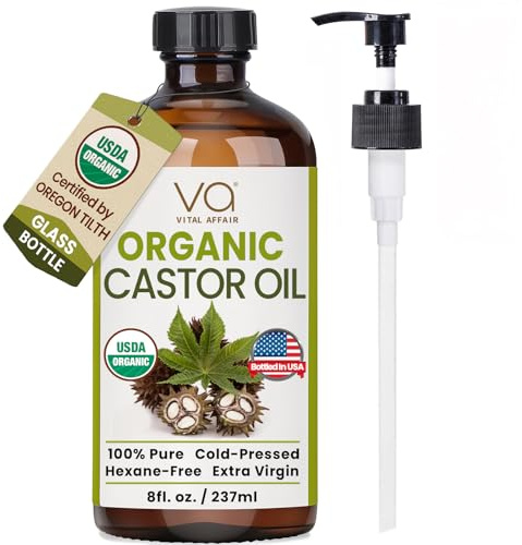 VITAL AFFAIR Castor Oil Organic Cold Pressed Unrefined Glass Bottle - USDA Certified Castor Oil For Hair Growth, Skin, Eyelashes, Eyebrows & Nails - 8 Fl Oz