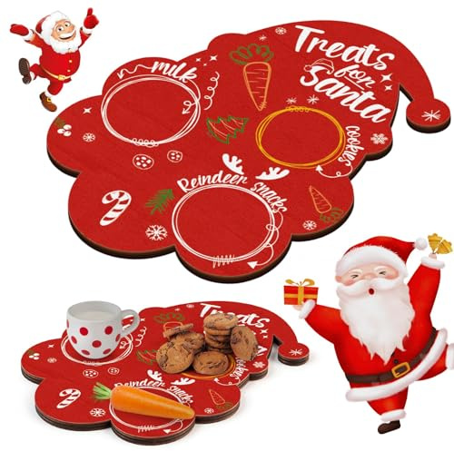 Santa Cookie Plate Christmas Wooden Treat Tray Platter Mat Xmas Eve Table Decorations Milk and Candy Board for Kids Christmas Party Supplies