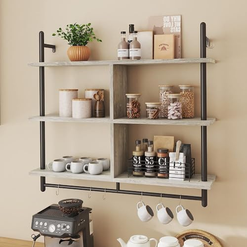 Bestier 105.5 cm 3-stufiges schwebendes Rohrregal, industrielles wandmontiertes Leiterregal mit Rundrohr und Haken, Holzregal für Dekoration und Aufbewahrung (Weiß, 105.5cm)