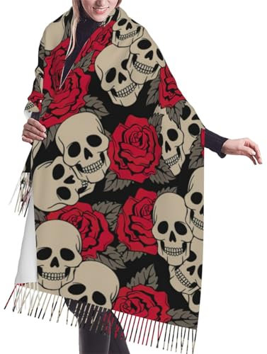 Blauer und pinker Feuerdruck-Schal mit Quaste, dick, groß, für den Winter, warm, Schal, Schwarzer Totenkopf mit Rosen, Einheitsgröße